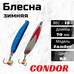 Блесна зимняя Condor 5813, вес 15,0 гр длина 70 мм цвет серебро красный галстук/прыщ синий RB